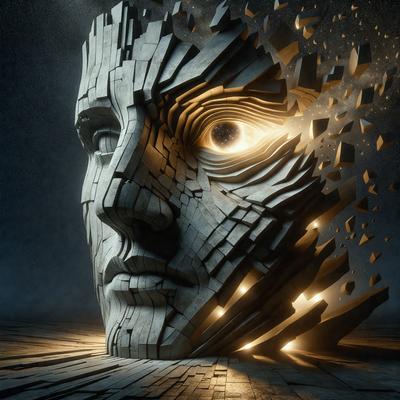 The primary subject of the image is a large, intricate sculpture of a head. The setting is a dark room, with the sculpture being the main focus of the image. The visual style is a combination of digital art and illustration, creating a striking and unique piece of art. The colors and mood of the image are predominantly dark, with the sculpture being the only light source, creating a dramatic and mysterious atmosphere.